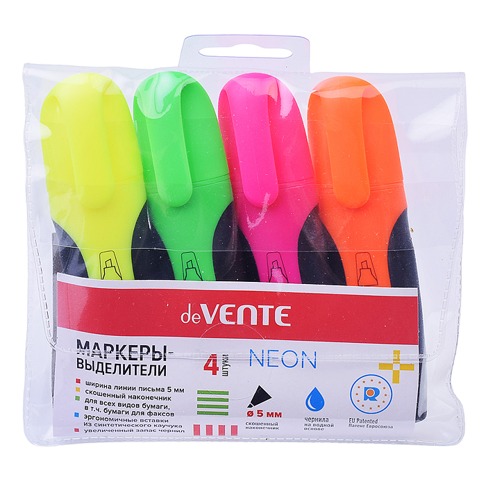 Набор маркеров-выделителей (04 цв - желт, зел, оран, роз) плоский корпус, скошенный наконе