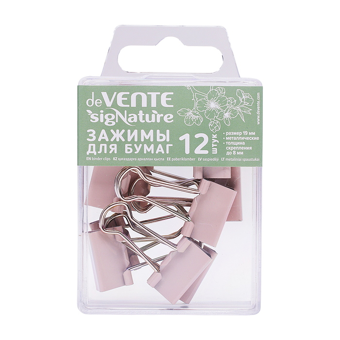 Зажим для бумаг "SigNature" металлический (19 мм) толщина скрепления до 8 мм, 12 шт пудрово-розовый