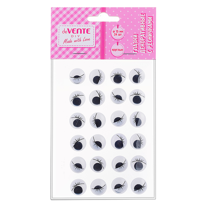 Глазки декоративные круглые пластиковые, с ресницами, цвет черный, 15 мм, 24 шт в пластико