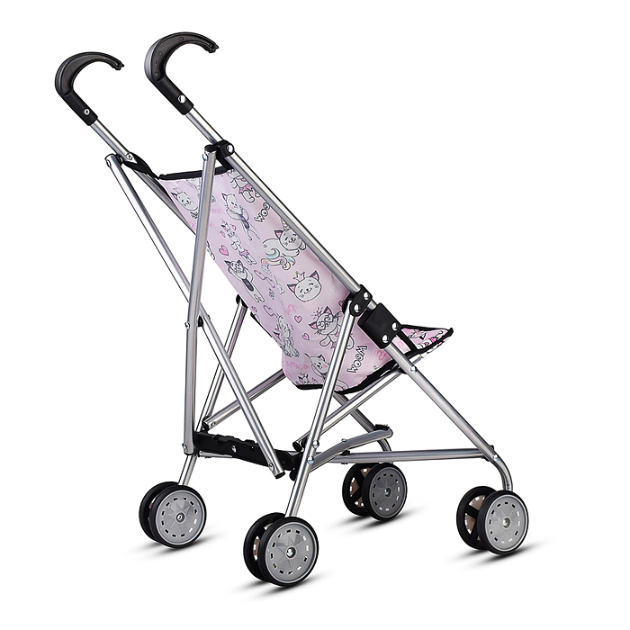 Коляская кукольная 9302W трость, металлическая, принт кошки
