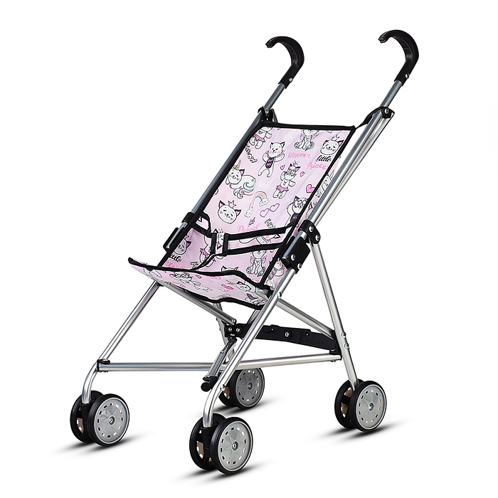 Коляская кукольная 9302W трость, металлическая, принт кошки