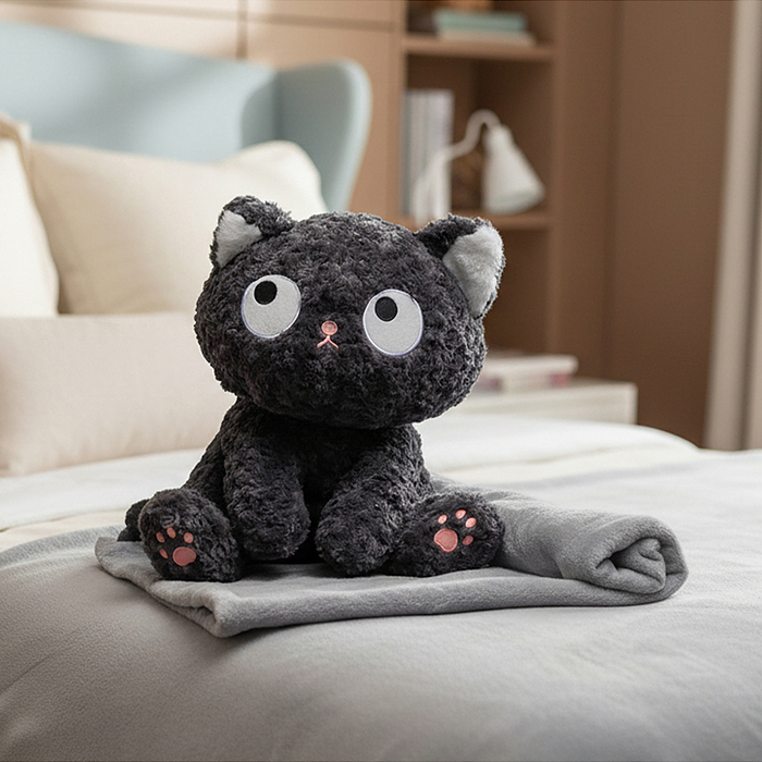 Мягкая игрушка M1712 "Кот Черныш" 45 см, с пледом (1,1х1,6м)