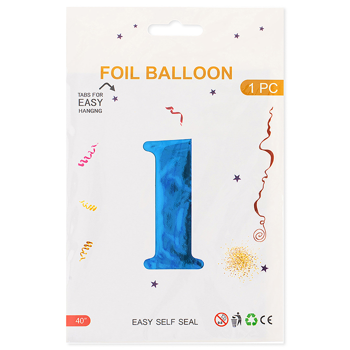 Шар (40''/102 см) Цифра, 1, Синий, Металлик, 1 шт. в уп.