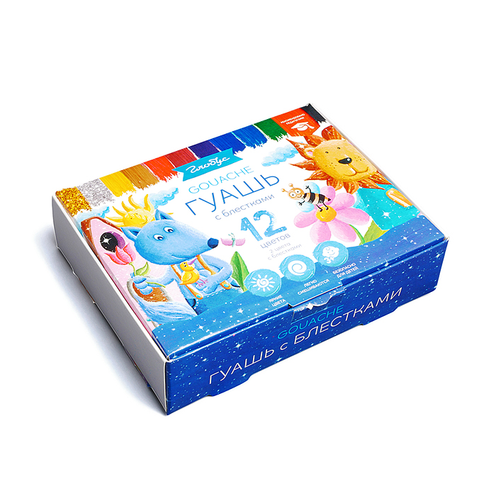 Гуашь 12 цв., 2 цвета с блестками, 20 мл., классическая, картонная упаковка 