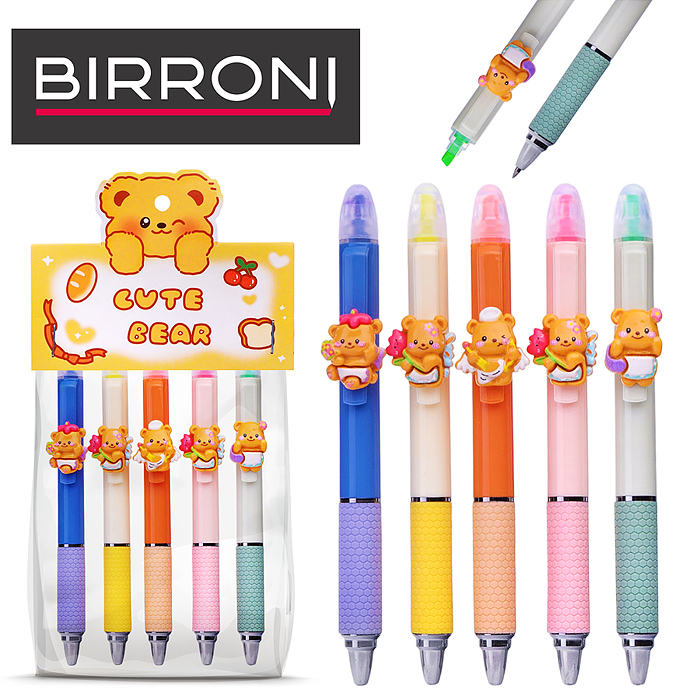 Набор 2 в 1 гелеая ручка + маркер -выделитель   5 шт  в наборе. цвет чернил ручек синий, прорезинен