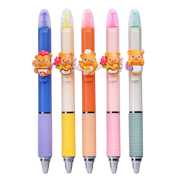 Набор 2 в 1 гелеая ручка + маркер -выделитель   5 шт  в наборе. цвет чернил ручек синий, прорезинен