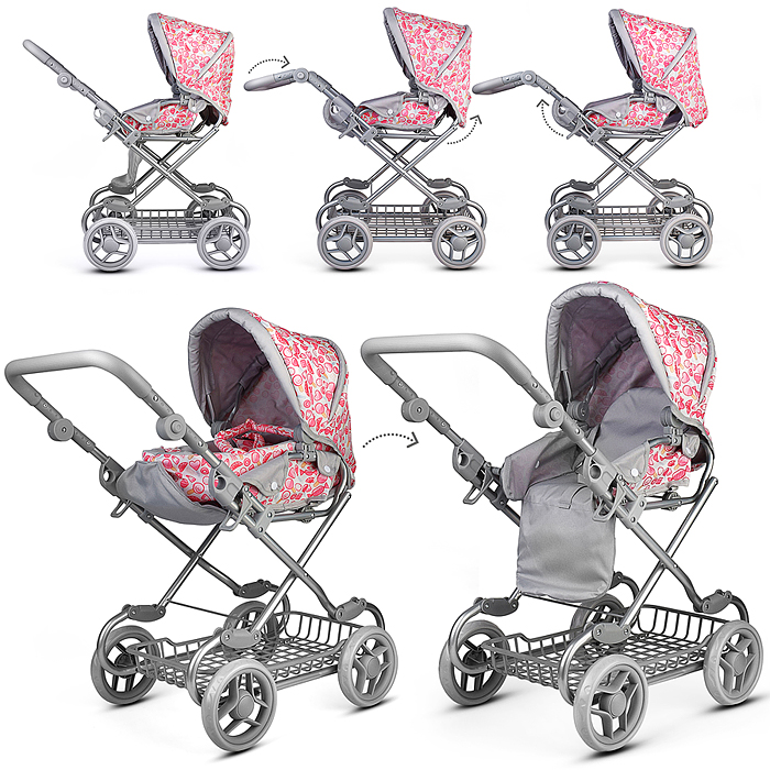Коляская кукольная 9346W металлическая, с корзиной, принт сладости