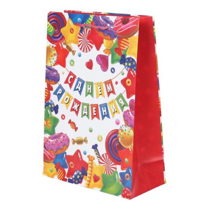 Пакет подарочный матовый ML "День рождения" флажки, 140 гр/м2 