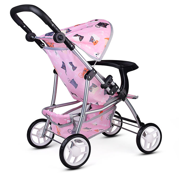 Коляская кукольная 9366-T трость, металлическая, с корзиной, столиком и козырьком