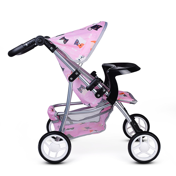 Коляская кукольная 9366-T трость, металлическая, с корзиной, столиком и козырьком