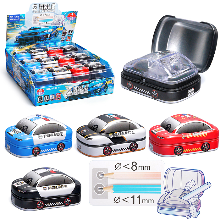 Точилка металлическая "Машинка" 2 отверстия для заточки, 4 дизайна, с контейнером для стружки