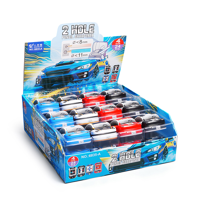 Точилка металлическая "Машинка" 2 отверстия для заточки, 4 дизайна, с контейнером для стружки