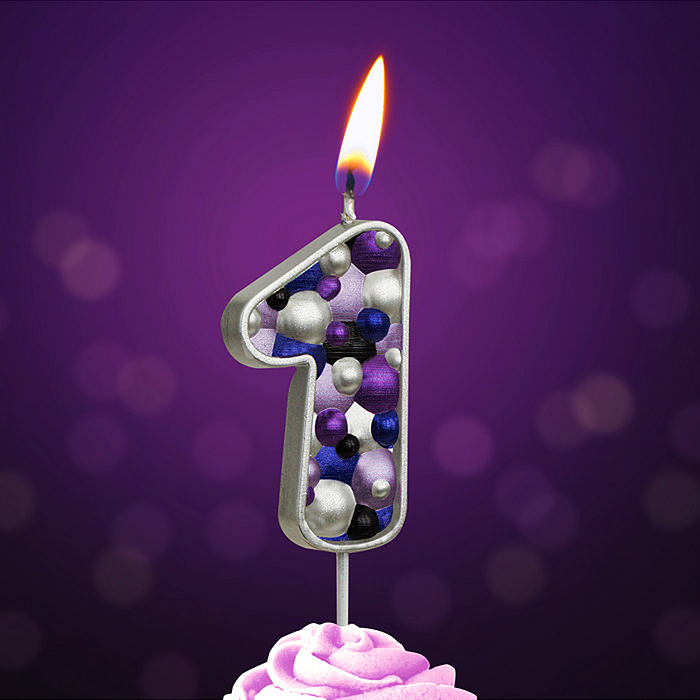 Свеча Цифра, 1 Пузырьки, на шпажке, Сиреневый, Металлик, 4*5,5 + 4 см, 1 шт. с держат.
