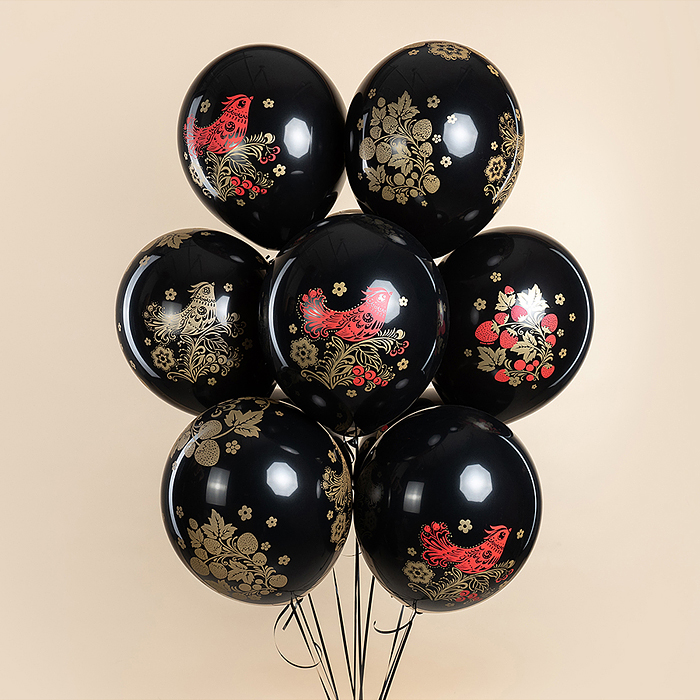 Шар (12''/30 см) Хохлома, Черный, пастель, 5 ст, 25 шт.