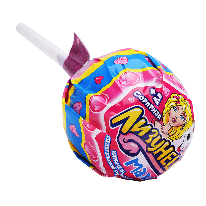 Лизунец MAXI. Карамель на палочке с жевательной резинкой и подарком в наборе (для девочек) 125гр*24ш