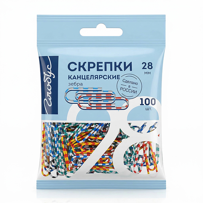 Скрепки L28 мм 100 шт., пакет с европодвесом, зебра