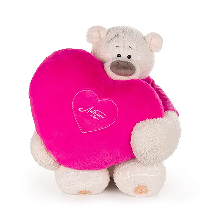 Медведь Тато в майке т. фуксия, с сердцем подушкой фуксия, 37см 