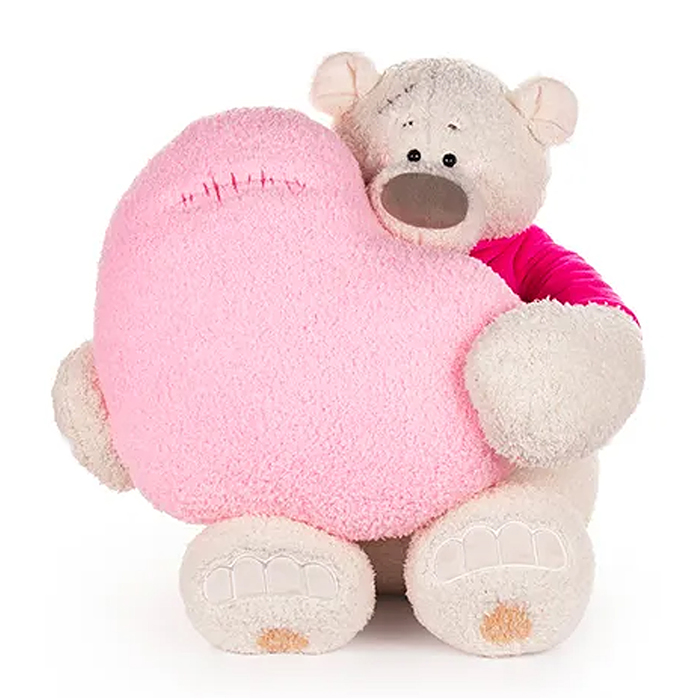 Медведь Тато в майке фуксия, с сердцем подушкой розовой, 37см 