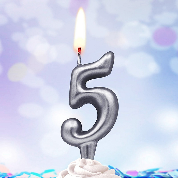 Свеча Цифра, 5, Серебро, 6 см, 1 шт.