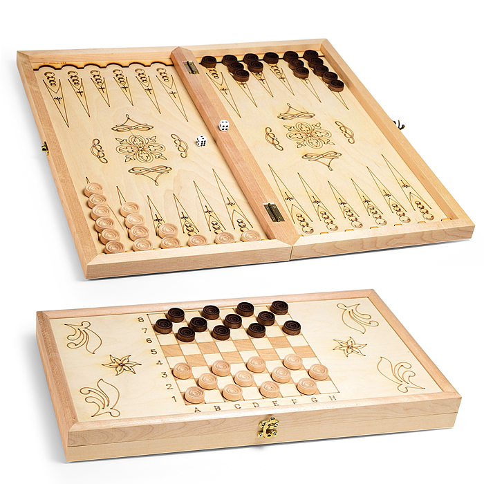 Нарды деревянные средние (рисунок-выжигание, фишки-дерево, лак) 500х250мм