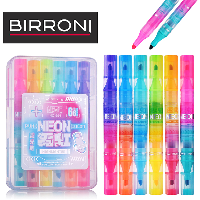 Набор маркеров-выделителей НЕОН Двухсторонние 6 штук, 12 цветов в наборе, в пласт. кейсе с европодв.