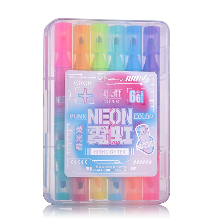 Набор маркеров-выделителей НЕОН Двухсторонние 6 штук, 12 цветов в наборе, в пласт. кейсе с европодв.
