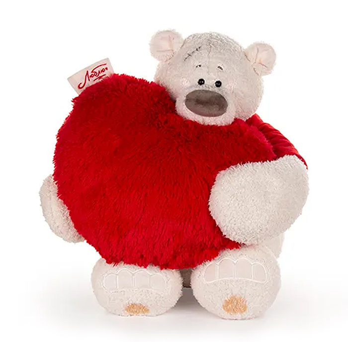 Медведь Тато в красной майке, с сердцем подушкой пушистой 37см 