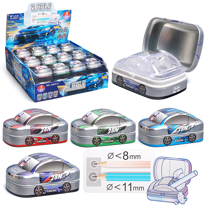 Точилка металлическая "Машинка" 2 отверстия для заточки, 4 дизайна, с контейнером для стружки