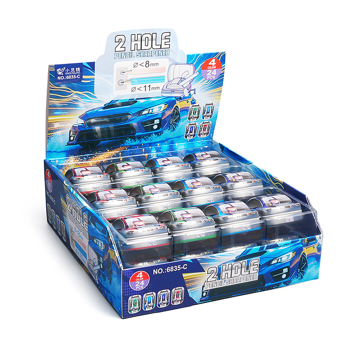 Точилка металлическая "Машинка" 2 отверстия для заточки, 4 дизайна, с контейнером для стружки