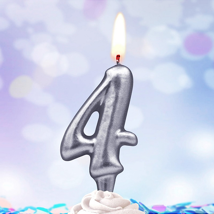 Свеча Цифра, 4, Серебро, 6 см, 1 шт.