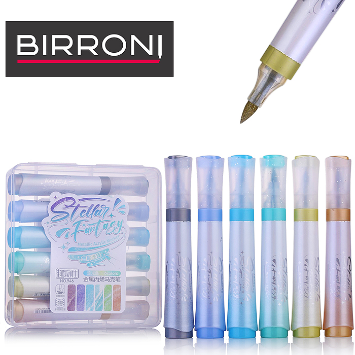 Набор фломастеров с блестками  6 цветов  Наконечник-кисточка, пластиковый пенал с европодвесом