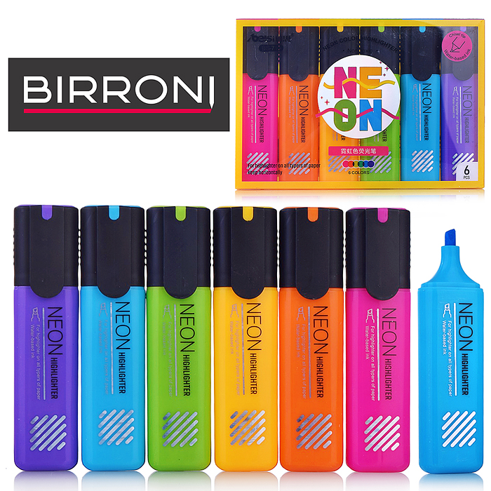 Набор неоновых маркеров-выделителей 6 цветов в наборе, упаковка ПВП с европодвесои 