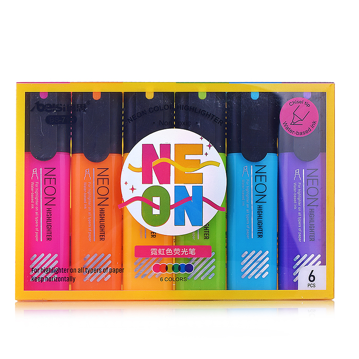 Набор неоновых маркеров-выделителей 6 цветов в наборе, упаковка ПВП с европодвесои 