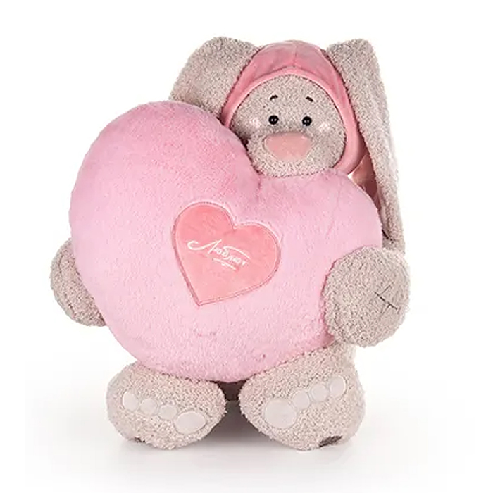 Заяц Вито в пудровой кофте, с сердцем подушкой пудровой, 37см