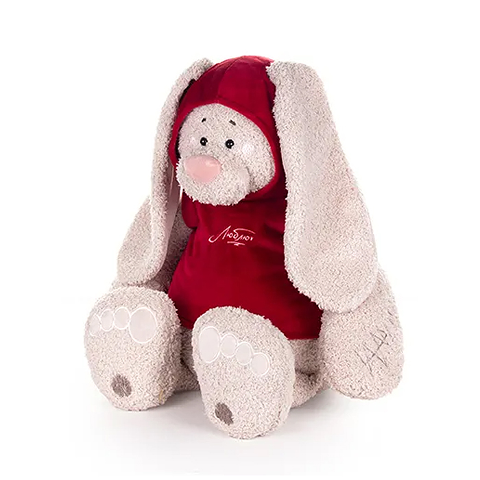 Заяц Вито в бордовой кофте, с сердцем подушкой пушистой, 37см