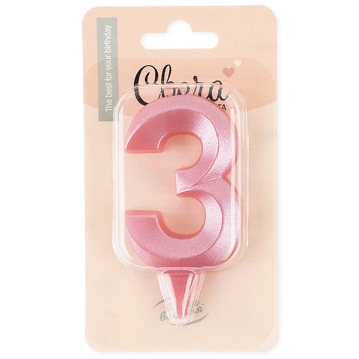Свеча Цифра, 3 Грани, Розовый, 7 см, 1 шт.