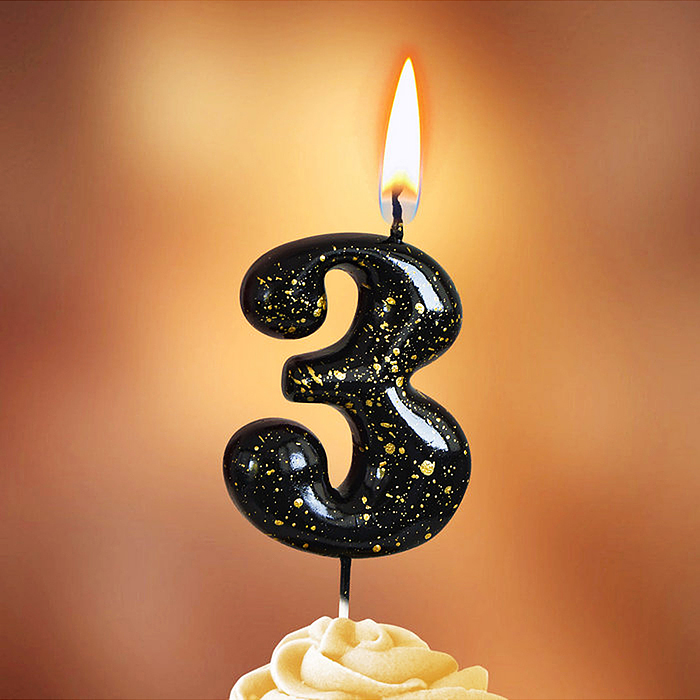 Свеча Цифра, 3 Золотые брызги, на шпажке, Черный, Металлик, 4,3 + 5,2 см, 1 шт. с держат.