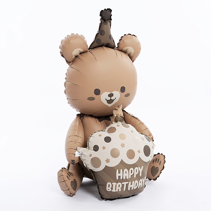 Шар (23''/58 см) Фигура 3D, Мишка с капкейком, Бежевый, Сатин, 1 шт. в уп.