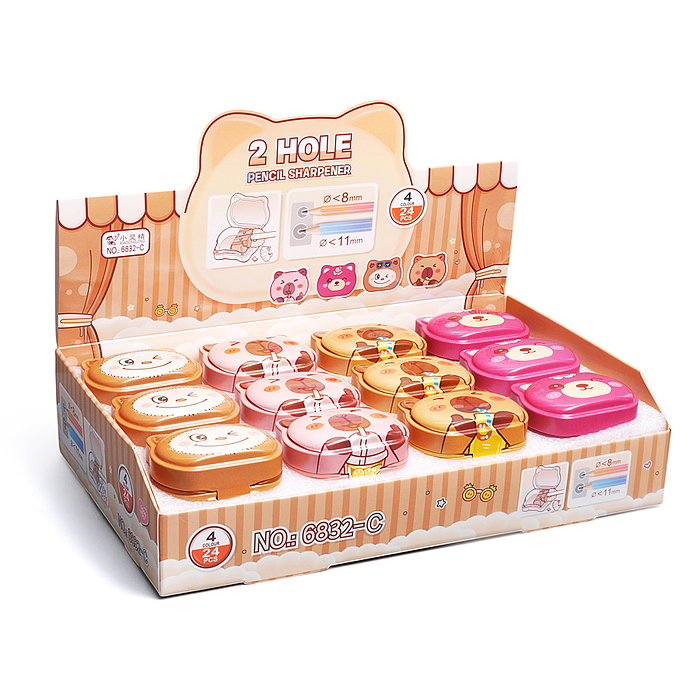 Точилка металлическая "Животные" 2 отверстия для заточки, 4 дизайна, с контейнером для стружки