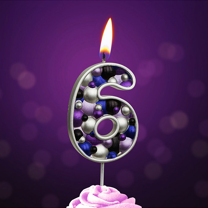 Свеча Цифра, 6 Пузырьки, на шпажке, Сиреневый, Металлик, 4*5,5 + 4 см, 1 шт. с держат.