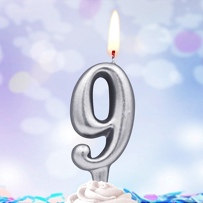 Свеча Цифра, 9, Серебро, 6 см, 1 шт.