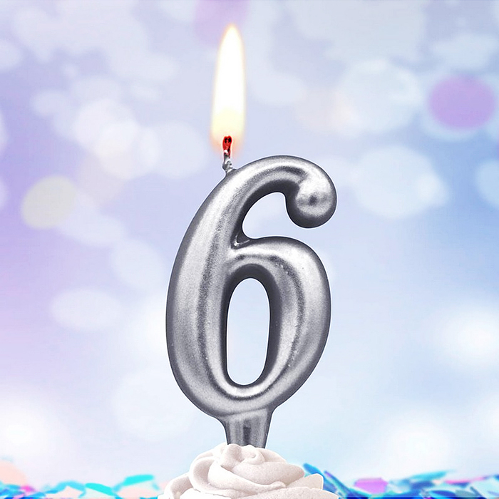 Свеча Цифра, 6, Серебро, 6 см, 1 шт.
