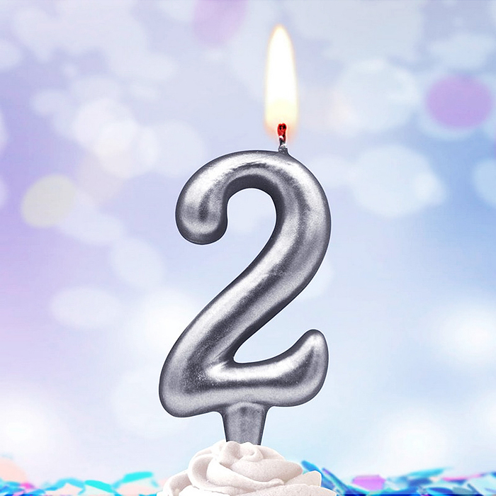 Свеча Цифра, 2, Серебро, 6 см, 1 шт.