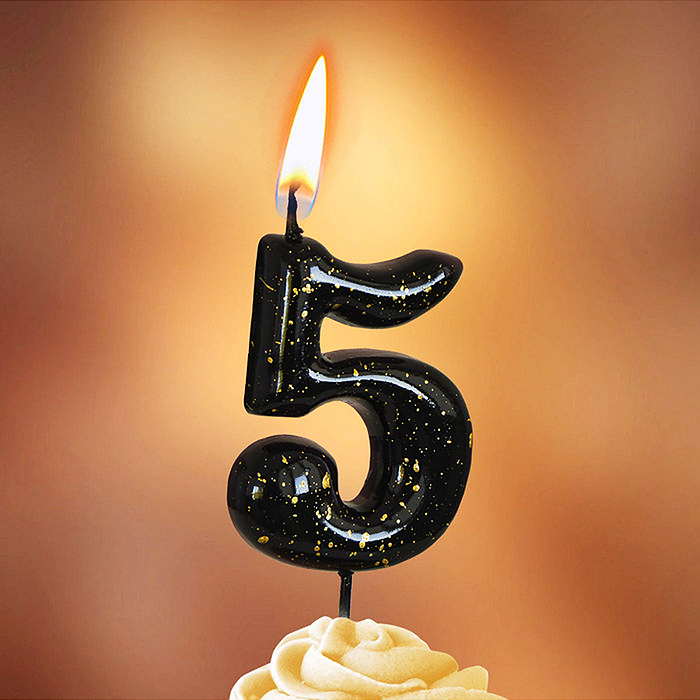 Свеча Цифра, 5 Золотые брызги, на шпажке, Черный, Металлик, 4,3 + 5,2 см, 1 шт. с держат.
