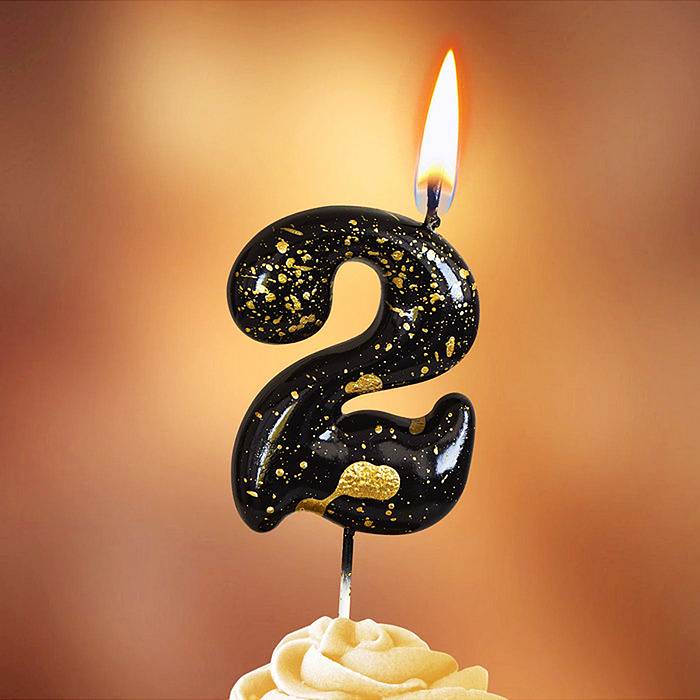 Свеча Цифра, 2 Золотые брызги, на шпажке, Черный, Металлик, 4,3 + 5,2 см, 1 шт. с держат.