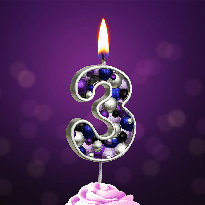 Свеча Цифра, 3 Пузырьки, на шпажке, Сиреневый, Металлик, 4*5,5 + 4 см, 1 шт. с держат.