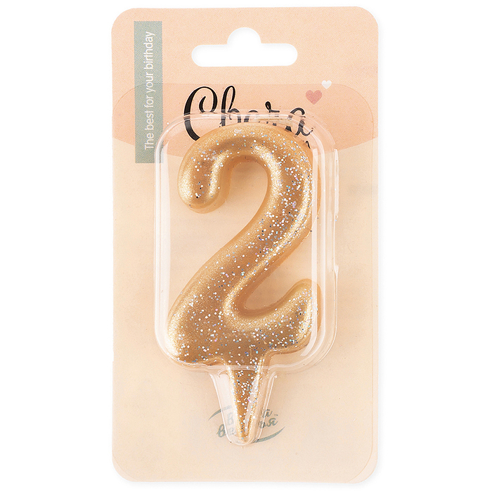 Свеча Цифра, 2 Овал, Золото, с блестками, 7 см, 1 шт.