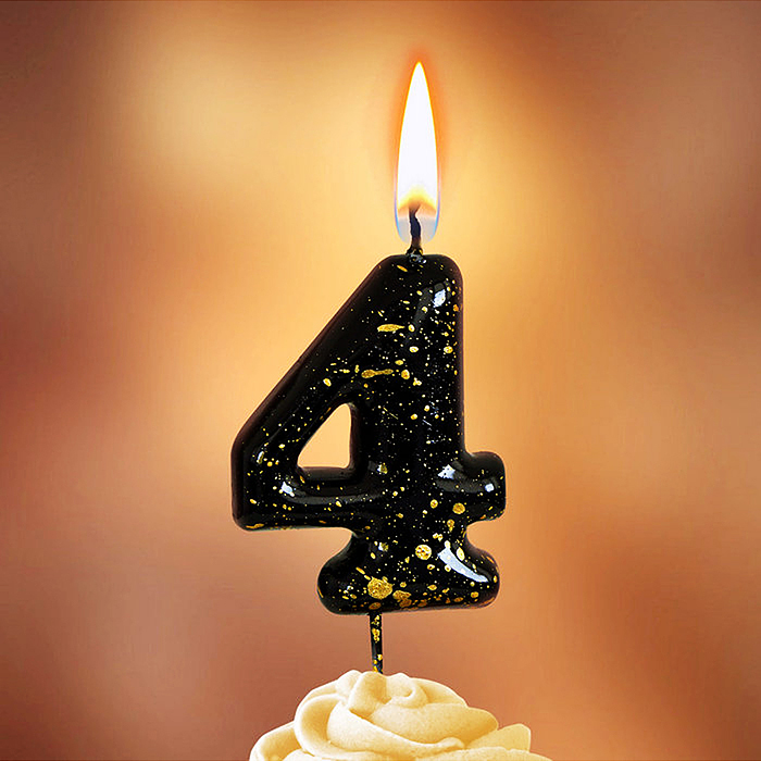 Свеча Цифра, 4 Золотые брызги, на шпажке, Черный, Металлик, 4,3 + 5,2 см, 1 шт. с держат.