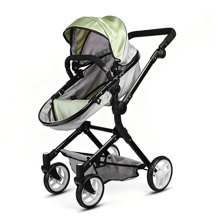 Коляская кукольная 9707 металлическая, прогулочная, с корзиной, серо-зеленая