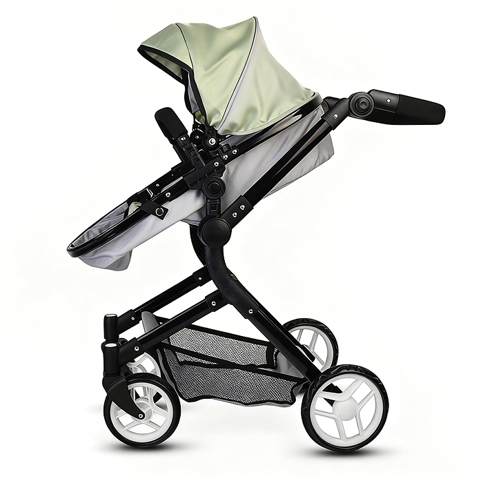 Коляская кукольная 9707 металлическая, прогулочная, с корзиной, серо-зеленая